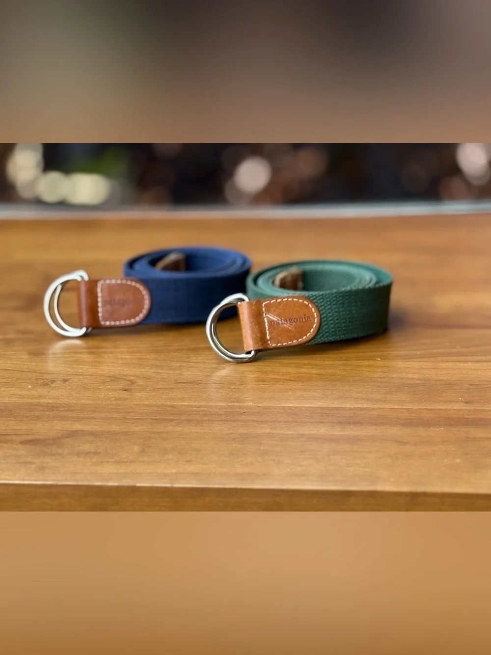 Set of 2 Patagonia Cotton Canvas D-Ring Belt Navy & Green Leather Trim GORPCORE